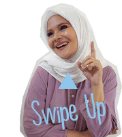 a woman wearing a white hijab and a purple shirt has the words swipe up written on her sleeve
