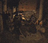 a witch is standing in front of a cauldron and a chalkboard with a pot drawn on it