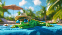a lizard wearing sunglasses and a hat is laying on a beach towel .