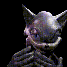 a statue of a cat is covering its mouth with its hands against a black background