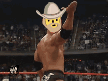 a wrestler wearing a cowboy hat with a face on it
