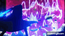 a person is standing in front of a purple wall with a purple lightning bolt coming out of it .