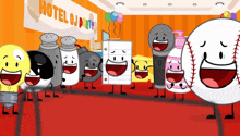a group of cartoon characters standing in front of a hotel dj party banner
