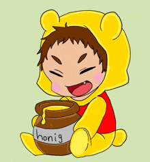a cartoon drawing of a boy in a winnie the pooh costume holding a jar of honey