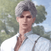 a man with gray hair is wearing a white shirt with suspenders