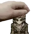 a hand is holding a cartoon character on top of another cartoon character .