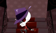 a cartoon skeleton wearing a purple hat and sunglasses