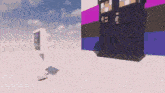 a video game scene with a purple and white building and a white box with a picture on it