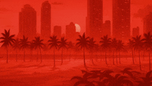 a red background with palm trees and buildings