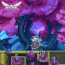 a pixel art drawing of a girl holding a sword with the words shade protocol above her