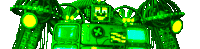 a green and yellow robot with a nuclear symbol on it is standing on a white background .