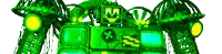 a green and yellow robot with a nuclear symbol on it is standing on a white background .