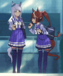 two anime characters standing next to each other one holding a cup