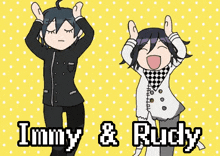 a couple of anime characters are dancing with the words immy & rudy written on the bottom