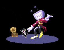 a pixel art of a cartoon character dancing with a cat .