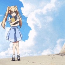 a blonde anime girl in a blue dress is holding a book