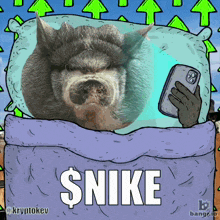a cartoon of a dog laying in a bed with a phone and the word nike on the bottom