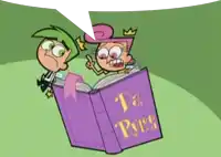 two cartoon characters looking at a book called da rules