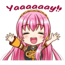 a cartoon girl with pink hair is raising her hands in the air and saying yaaaay .
