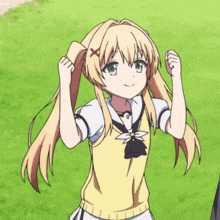 a girl with blonde hair and green eyes is wearing a yellow vest and bow tie