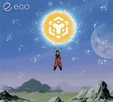 a cartoon character is flying through the air holding a sphere with a cube in it