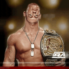 a shirtless wrestler holding a wrestling championship belt with the letters wwe on the bottom