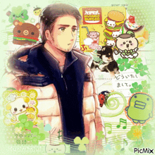 a picture of a man in a jacket with a cat and a sticker that says nyanko burger on it