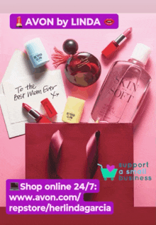 an advertisement for avon by linda shows a red bag filled with perfume and lipstick