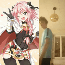 a picture of a girl with pink hair giving a peace sign next to a picture of a man