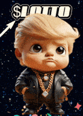 a baby in a leather jacket and gold chains with the word lotto above him