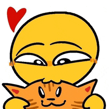 a yellow smiley face is holding a cat in its mouth with a heart .