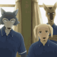 a group of cartoon animals wearing blue shirts are standing next to each other .