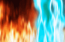 a painting of a fire and a blue water background