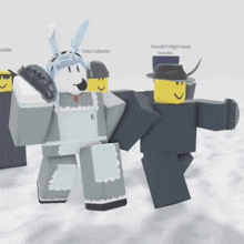 a group of roblox characters are standing in a snowy area and one of them has the letters e on her outfit
