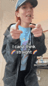 a woman giving a thumbs up with the words i can 't think straight