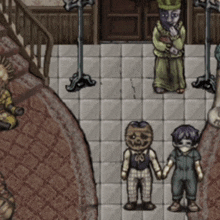 a cartoon drawing of a man and a boy holding hands in front of a staircase