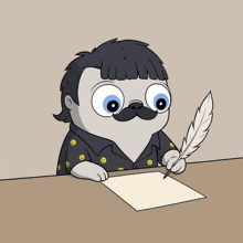 a cartoon character with a mustache is writing with a feather pen