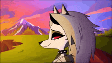 a cartoon wolf is standing in a field with mountains in the background and a sunset in the background .