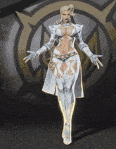 a woman in a white outfit is standing in front of a circle
