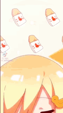 a cartoon girl with long hair and a duck on her head is sleeping .