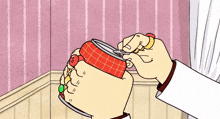 a cartoon drawing of a person holding a can with the letter p on it