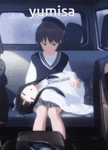 a cartoon of a girl holding another girl with the word yumisa above them