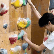 a man is climbing a climbing wall with a bunch of rocks