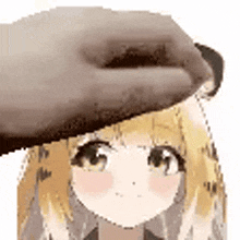 a person is putting a hat on a blonde anime girl .