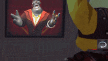 a cartoon character is sitting in front of a computer screen with a white screen .