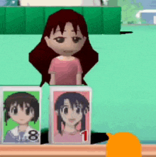 a cartoon girl is standing next to a stack of cards with pictures of a girl .