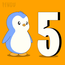a penguin is standing next to the number 5 on an orange background
