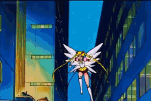 sailor moon is flying through the air in front of a building in a cartoon .