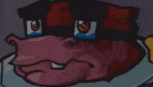 a close up of a cartoon character with a sad look on his face .