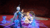a video game character is standing on a chess board holding a crown .
